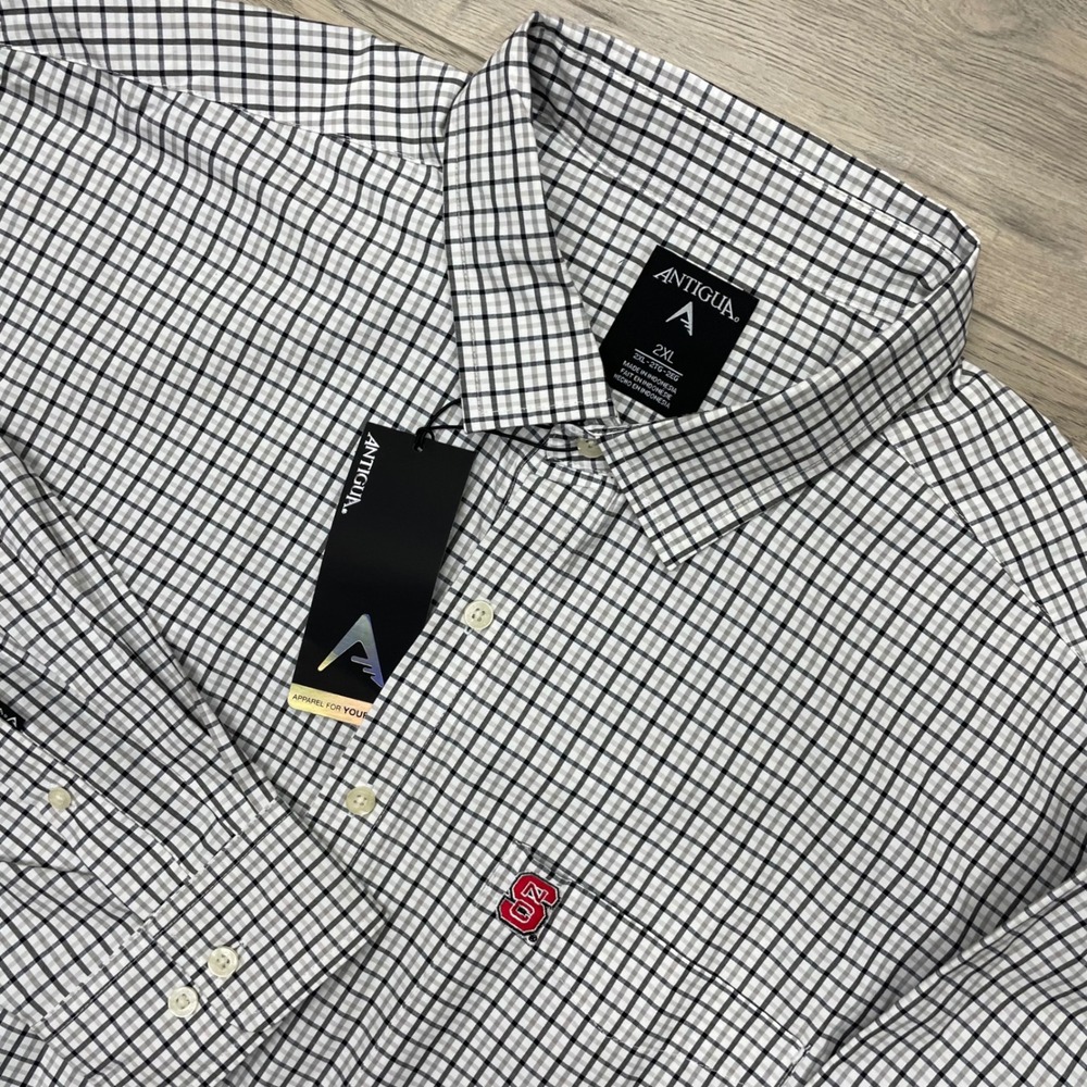 Antigua Button Front Shirt Mens 2XL White Plaid NC State Wolfpack NCAA Tailgate